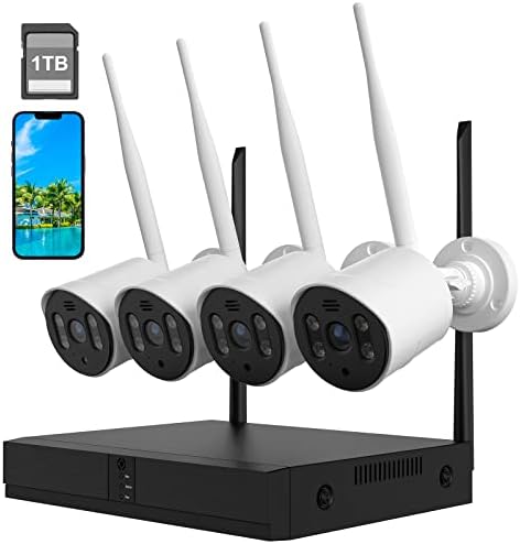 Security Camera NVR System 4Pcs 1080P Night Vision WiFi Waterproof Security Surveillance Cameras with Pre-Installed 1TB Hard Drive and Two-Way Audio,8 Channel NVR DC Power