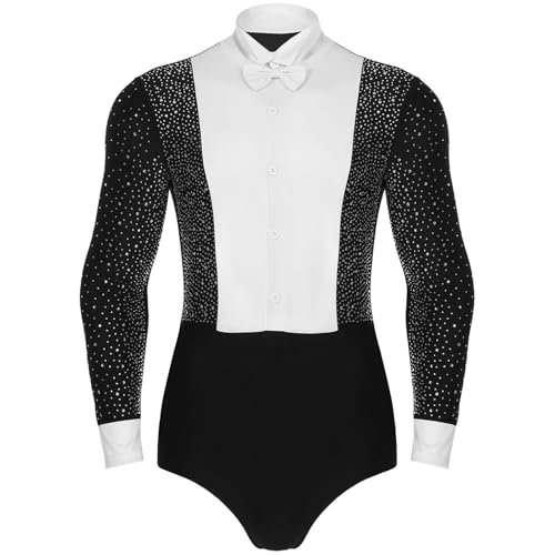 XYHTPP Mens Latin Dance Shirt Shiny Rhinestone Long Sleeve Professional Ballroom Tango Competition Dancewear(Black,XL)