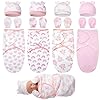 Ramede Paquete de 4 mantas para bebé con sombreros y guantes, traje infantil para recién nacido de 0 a 3 meses, sacos suaves y cómodos de algodón (corazón, rosa y blanco)