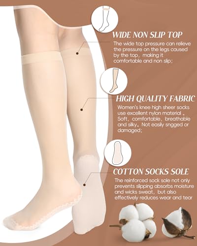 ShinyMatch 6 Pairs Women's Knee High Sheer Socks Silky Anti Slip Cotton Sole Socks Reinforced Toe Stockings for Women