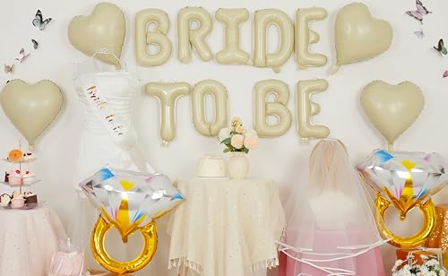 Image of Sand White Bachelorette Party Decorations, Cream White Bride To Be Banner Heart Balloons with Diamond Ring Foil Balloon, Bride To Be Sash&Veil for Bachelorette Engagement Bridal Shower Party Supplies