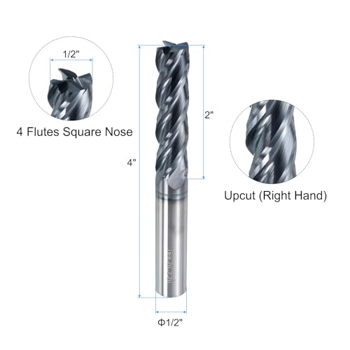 Image of uxcell Carbide Square End Mill, 1 /2 inch Dia AlTiN Coated 4 Flutes Milling Bit Cutter, for Carbon Steel Alloy Steel Titanium Metal, 1 /2 inch Shank 2 inch Cut Length 4 inch Extra Long HRC50