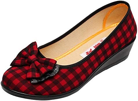 Creazrise Women's Wide Width Wedge Sandal - Platform Round Open Toe Bow Tie Plus Size Heel Plaid Shoes (Red,8)