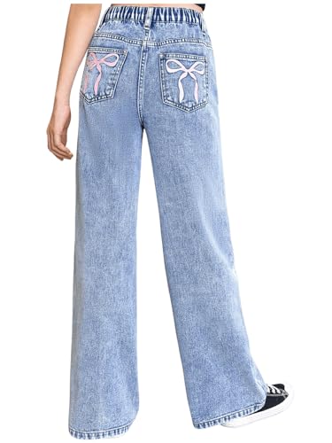 Floerns Girl's Y2k Bowknot Print Elastic Waist Jeans Wide Leg Cute Denim Pants
