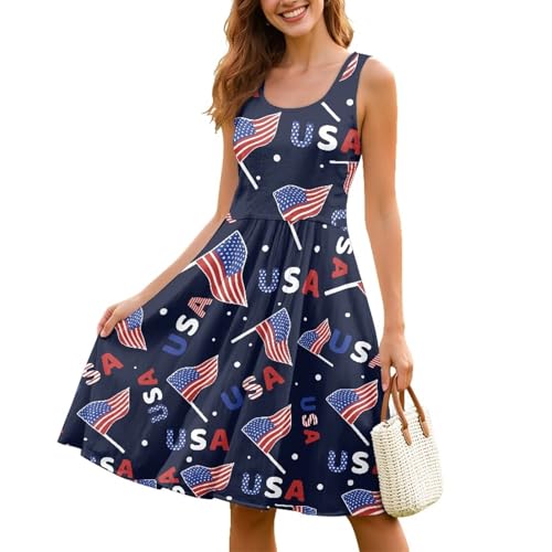 Image of Women Stylish Tank Dresses Sleeveless Round Neck Midi Casual Dress with Pocket for Summer