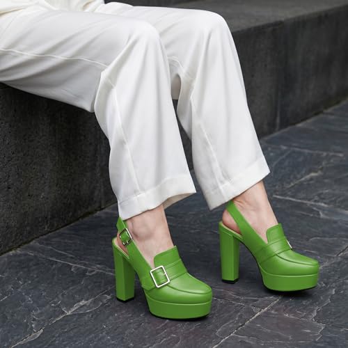 Image of Women's High Heel Loafers Platform Pumps Round Toe Heels Chunky Heel Pumps Stylish Comfortable 4.8 Inch Slingback Heels