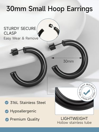 Image of Stainless Steel Chunky Hoop Earrings For Women, Minimalist and Chic, Black /Gold Plated, Round Hoops Earrings Hypoallergenic, Size: 30mm /40mm /60mm /80mm, Come with Box