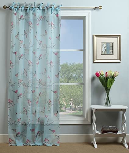 Amania Trading Ltd One Single BLOSSOM Bird Duckegg Voile Tie Top Header Curtain Panel FREE POST - 54" (137cm) Drop