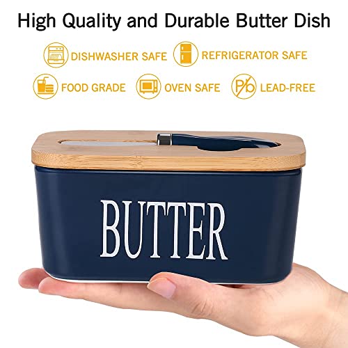 Image of Ceramic Butter Dish with Wooden Lid and Stainless Steel Knife, Large Butter Container Keeper with Bamboo Cover and Silicone Sealing Ring for West and East Coast Butter (Blue)
