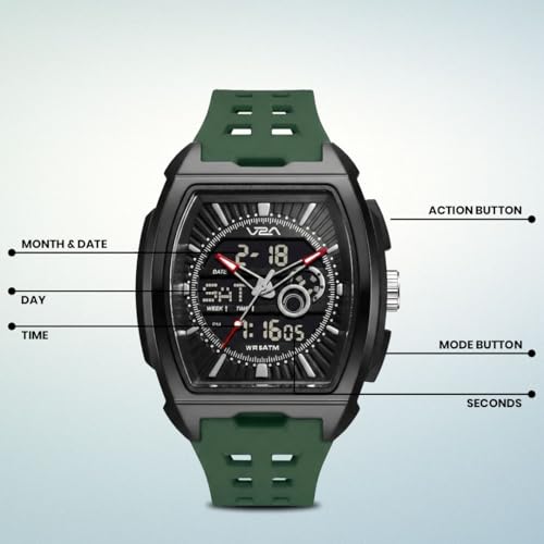 Image of V2A Impact 50mm Analog Digital Watch for Men | Tonneau Sports Case Design | Alarm Stopwatch Countdown Dual Time | TPU Strap | 50M Water Resistant | Gift for Men