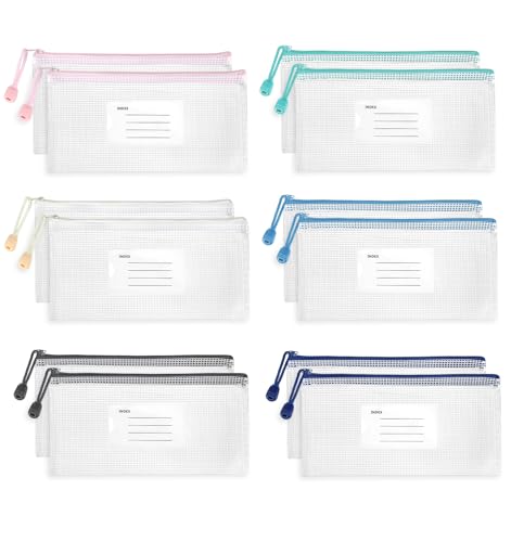 12 Stück Dokumententasche Reißverschlus, Beutel mit Reißverschluss Klein für Dokumente Quittungen Prüfungsunterlagen, Mesh Organizer Mit Reißverschluss für Schule Büro Reise (6 Farben)