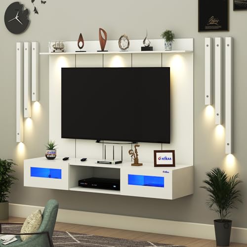 Image of Anikaa OriloPro Engineered Wood Wall Mount TV Unit with PVC Back Panel, Acrylic Blue LED Storage Box, Side Wooden Accent Spot Light Panels I Deal for Up to 50 Inch TV (White - DIY Installation)