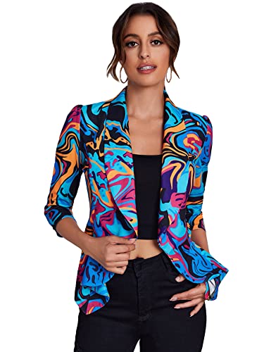 WDIRARA Women's Printed Open Front 3/4 Sleeve Blazer Ruffle Jacket Outerwear