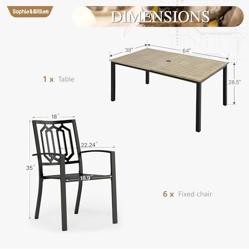 Image of Sophia & William 7 Piece Outdoor Table and Chairs Patio Dining Set Metal Patio Table Furniture Set with Large Rectangular Dining Table for 6 Person and Stackable Outdoor Chairs Support 300LBS (Balck)