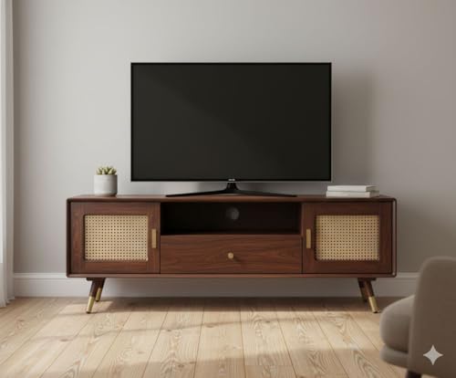 Image of MISAN Modern TV Table | Solid Sheesham Wood Sideboard TV Unit for Living Room, Bedroom, Office Furniture Stand | Wooden Free Standing Entertainment Unit Side Board Table with Storage (B-Walnut)