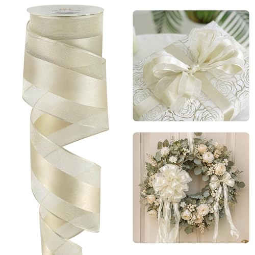 HUIHUANG Champagne Sheer Wired Ribbon with Satin Stripe 2.5 inch Champagne Christmas Tree Ribbon for Bows Making Wreaths Garland Gift Wrapping Bridal Shower Wedding Decor-Continous 10 Yards