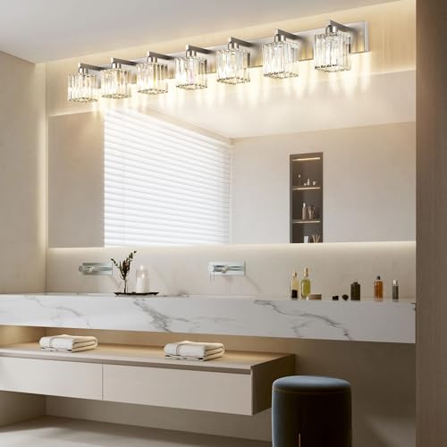 Image of Aipsun Brushed Nickel Bathroom Light Fixtures Crystal Vanity Lighting Fixture Modern Bathroom Vanity Light 7 Light (Exclude Bulb)
