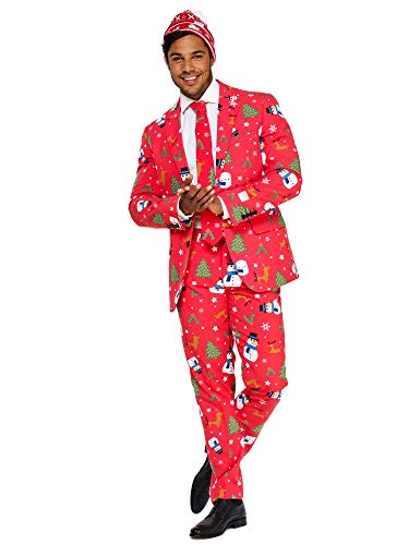 Opposuits Christmas Suits for Men in Different Prints  Christmaster Ugly Xmas Sweater Costumes Include Jacket Pants & Tie + Free Beanie  US 44