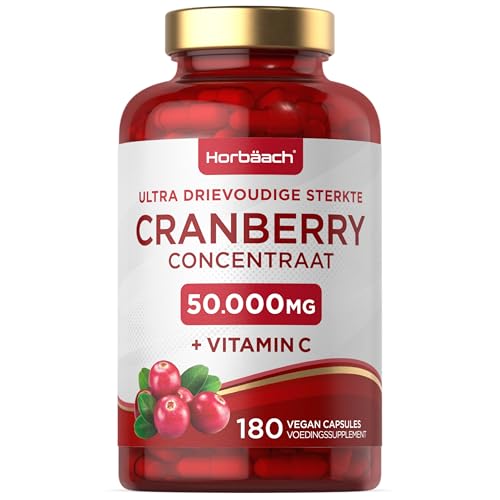 Tranbär Kapslar 50000 mg med Vitamin C | Kosttillskott Extract 50:1 | 180 Veganska Pulver Kapsel | Cranberry Supplement | av Horbaach