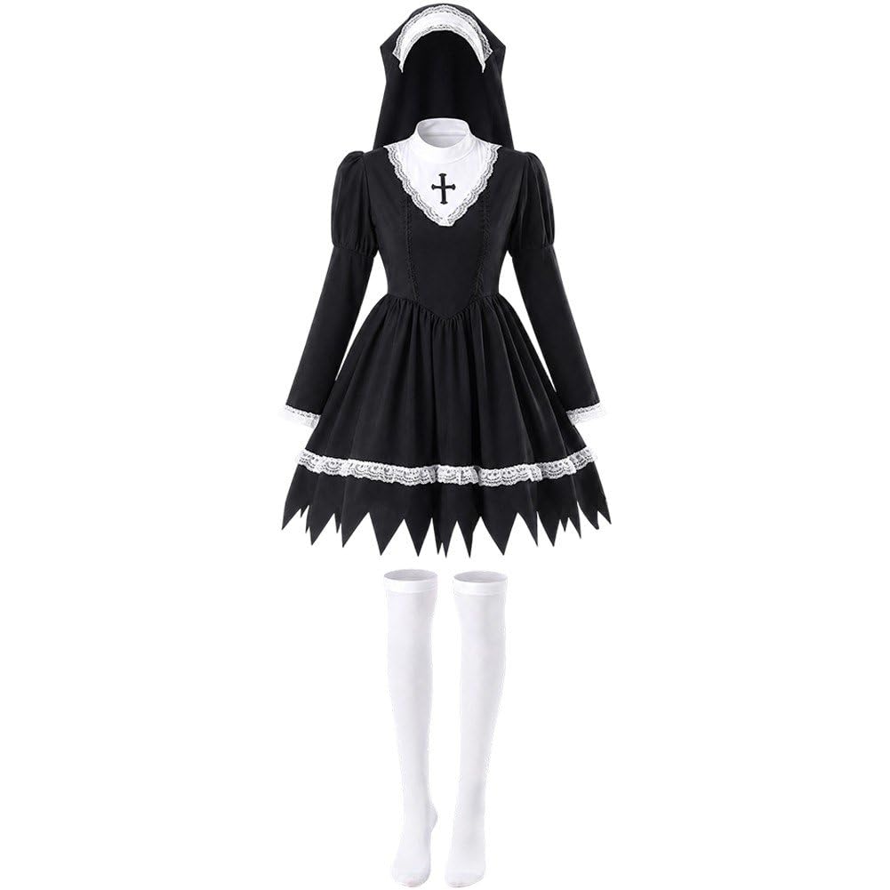 Sslvya Halloween Nun Costume for Women, Gothic Nun Dress with Hat and Stockings Halloween Cosplay Party Outfit