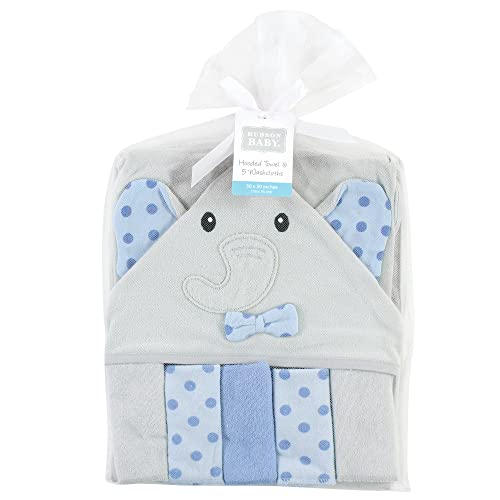 Image of Hudson Baby Unisex Baby Hooded Towel and Five Washcloths, Blue Dots Gray Elephant, One Size