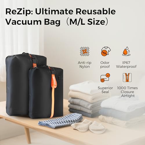 ReZip Vacuum Bags for Travel Luggage Reusable Compression Bags Vacuum Seal Packing cube for Cloth Packing (Large-No pump）2
