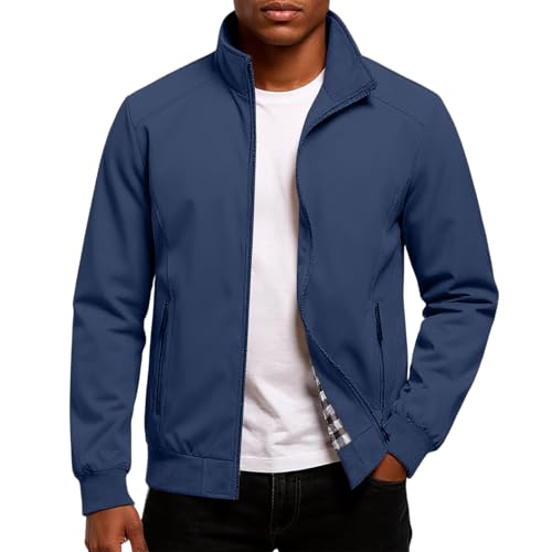 Herren Jacke Winter Übergangsjacke mit Stehkragen Winddicht Leicht Atmungsaktiv Freizeitjacke ReißVerschluss und Taschen für Alltag Outdoor AktivitäTen blau
