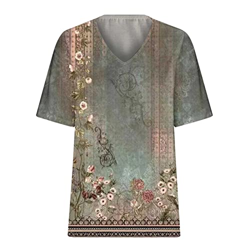 Plus Size Tops For Women Vintage Floral Print T Shirts Short Sleeve Casual Summer Top Tees Graphic Vneck Blouse Shirt #TOP3