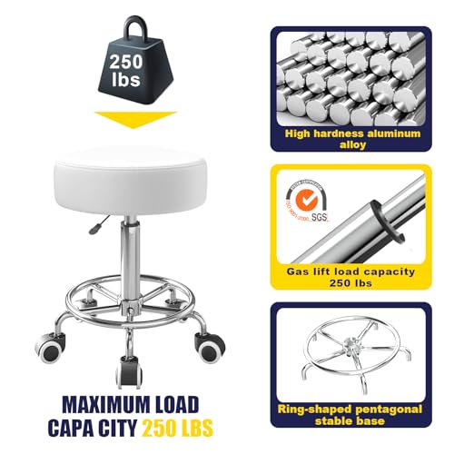 Image of Rolling Stool With Heavy Weight Capacity 250lb, PU Leather Seat, Wheels and Footrest - Ultra Soft Padded, 360 Swivel for Spa, Drawing, Salon, Work, Office, Tattoo (White)