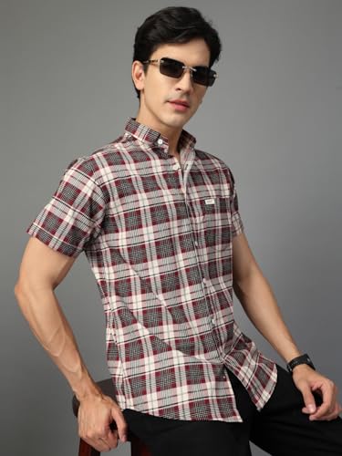 Image of Majestic Man Men's Slim Fit Premium Pure Cotton Plaid Check Half Sleeve Casual Shirt