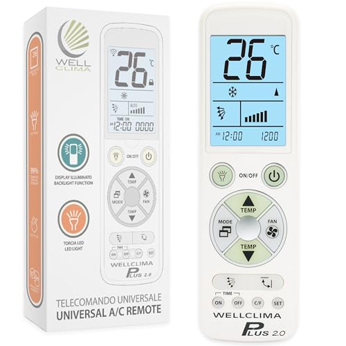 Wellclima Plus 2.0 – Mando a Distancia Universal para Aire Acondicionado con la Mayor Compatibilidad del Mercado, Teclado y Pantalla Retroiluminados, Linterna LED, Soporte Directo de Wellclima
