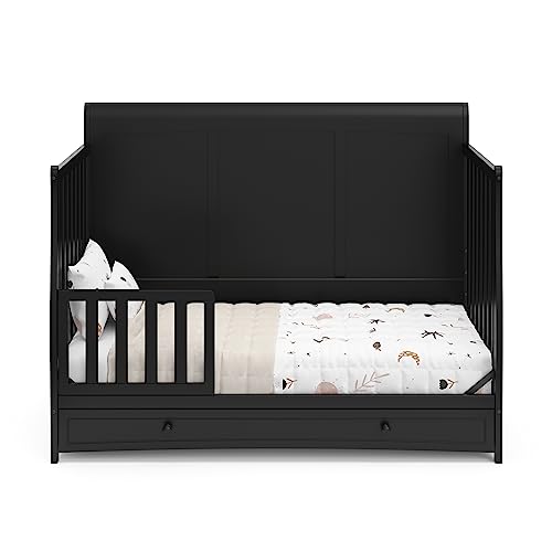 Graco Asheville 5-in-1 Convertible Crib with Drawer (Black) – GREENGUARD Gold Certified, Crib with Drawer Combo, Full-Size Nursery Storage Drawer, Converts to Toddler Bed, Daybed and Full-Size Bed