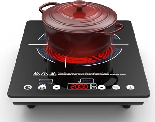 VBGK Placa Vitrocerámica 1 Fuegos con Enchufe, 2000W Vitrocerámica Portátil, 10 Niveles Calor Infrarrojo, Bloqueo para niños, Temporizador 4 Horas, Fácil Limpieza