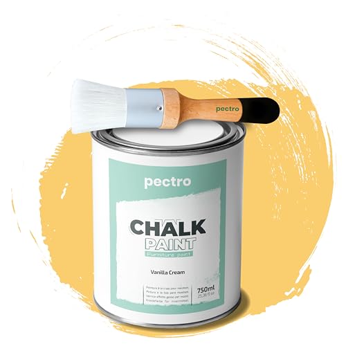 PECTRO Pintura a la Tiza para Muebles 750ml + Brocha de madera especial Pack - Pintura para Muebles sin lijar - Pintura para Madera - Pintura Chalk Paint Efecto Tiza Colores (Crema Vainilla)