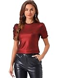 Allegra K Women's Metallic Glitter Top Christmas Round Neck Puff Sleeve Stretch Shiny Sparkly Tops Small Dark Red