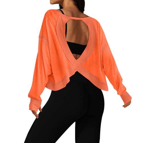 Image of UNIANKIYA Open Back Workout Tops for Women Long Sleeve Cropped Athletic Clothes Gym Running Yoga Low Impact Sports T Shirts