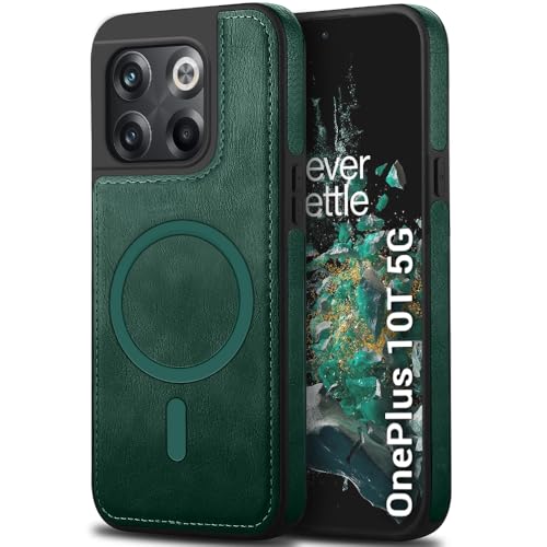 Image of TheGiftKart Genuine Leather Finish Back Cover Case for OnePlus 10T | Shockproof Design | Raised Edges for Camera & Screen Protection | Stunning Minimalist Design Cover (MagSafe Compatible, Green)