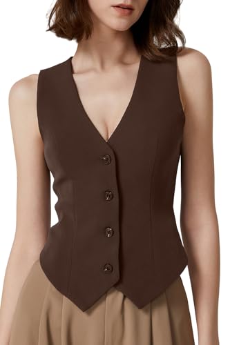QINSEN Womens Vest Top V Neck Sleeveless Button Down Lined Going Out Crop Tops Coffee Bean L