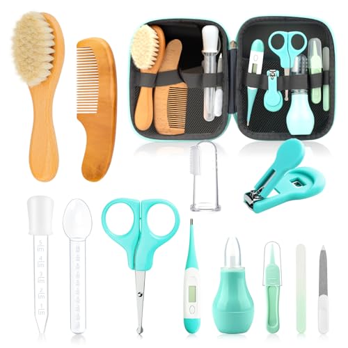 Image of Baby Grooming Kit, Infant Safety Care Set with Hair Brush Comb Nail Clipper Nasal Aspirator,Baby Essentials Kit for Newborn Girls Boys (13 Pc Green Kit)