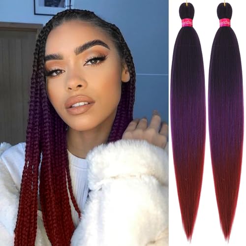 Ombre Black Purple Burgundy Pre Stretched Braiding Hair 30 Inch B...