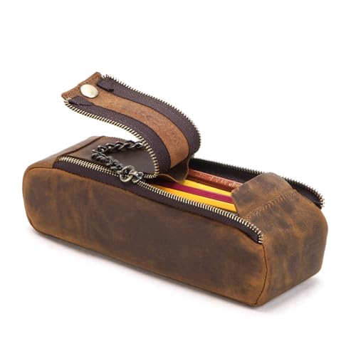 CONTACTS Estojo de Couro Legítimo para Canetas e Lápis, Sem Forro, Organizador de Escritório, Suporte para Caneta, Acessório de Estudo com Alça de Zíper e Suporte com Fecho, Design de Zíper Duplo-Luxo