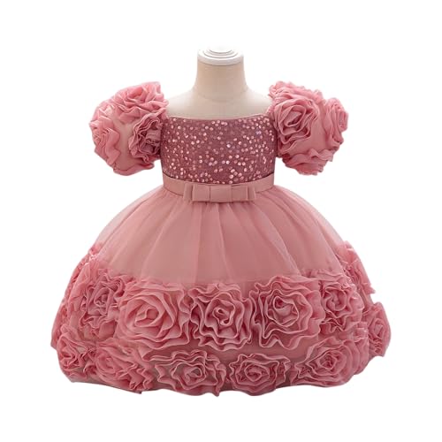 Toddler Girls' Elegant Rose Flower Dress with Puff Sleeves Sparkling Sequin Bodice Waist for Birthday and Party