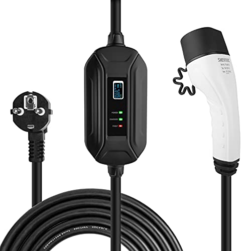 Shentec Type 2 EV Chargeur Voiture électrique Portable, Câble Commutable pour Borne de Recharge de Véhicule électrique 6-16A, 5M Cable Type 2, Certification TÜV et CE IEC 62196-2 Prise Euro Schuko