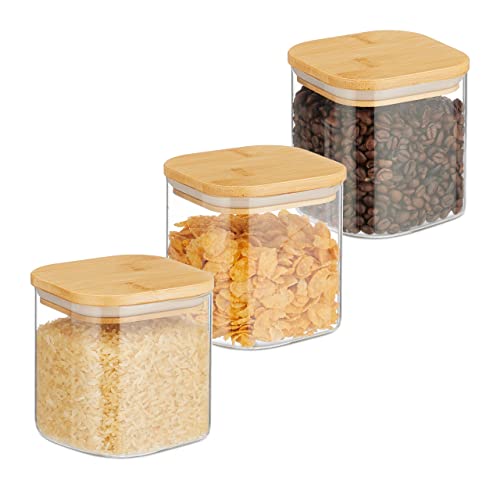 Relaxdays Vorratsgläser mit Bambusdeckel, 3er Set, eckige Vorratsdosen aus...