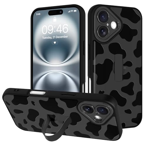 Image of for iPhone 16 Case with Finger Strap Holder, Cute Cool Cow Print Pattern Design for Women Men, Shockproof Anti Scratch Hand Kickstand Protective Cover, Gray