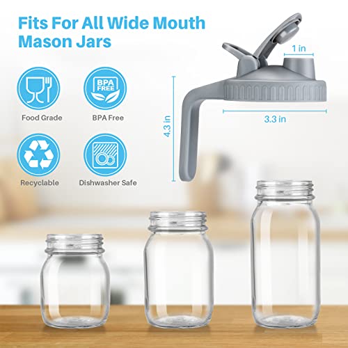Wide Mouth Mason Jar Lids With Handle, Plastic Mason Jar Pour Spout Lid, Reusable Flip Cap Lid, Canning Lids With Leak-Proof Airtight Seal Grey (Including 6 Lids, Excluding Jar) #TOP4