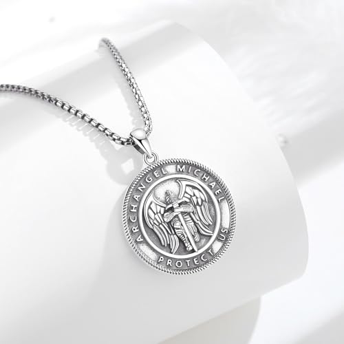 INFUSEU St Michael Pendant for Men Saint Michael the Archangel Necklace Sterling Silver 925 Medal Espada De San Miguel Arcangel Catholic Gifts Christian Jewelry Religious Sword Guard Knight Coin2