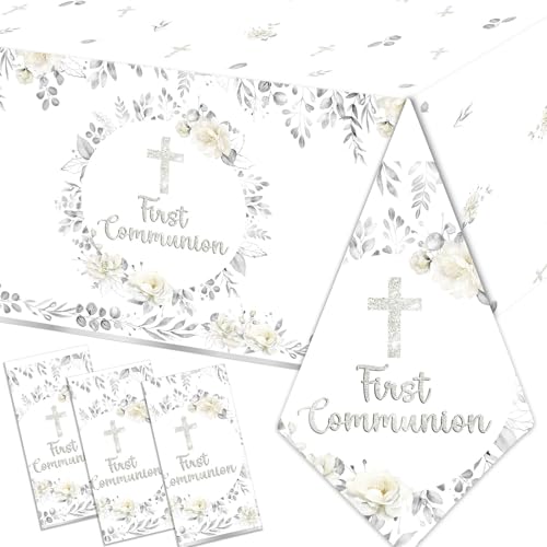 First Communion Tablecloth Decorations 3Pcs Silver God Bless Baptism Tablecloths First Holy Communion Cross Baptism Table Cover for Baby Shower First Communion Christening Decorations 108*54 inch