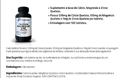 Calcio Magnesio Zinco Mineral Quelato Performance Nutrition 100 tabletes Kit 2 Und