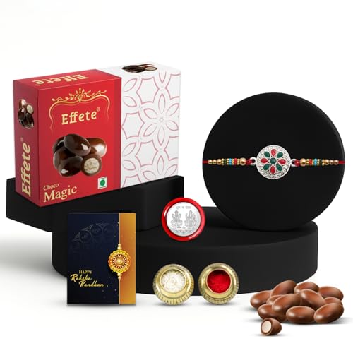 Image of DeoDap Rakhi Set for Brother with Beaded Silver Rakhi, Choco Magic Chocolate & Pooja Coin - Raksha Bandhan Festival Gift